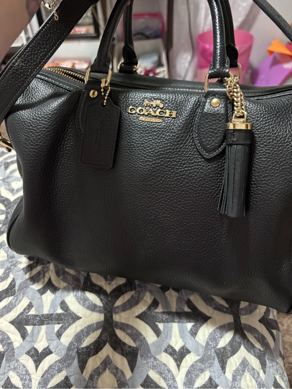 New model large Rowan Coach Black Pebbled Leather Satchel and Gold Hardware